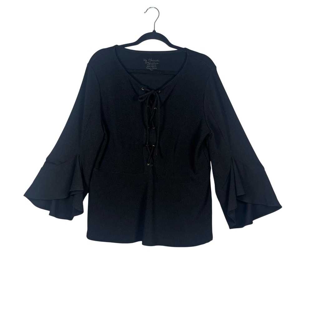 Chico's Lace Up Top Women Black Ruffle Bell Sleeve Crepe Blouse Size‎ 2/Large